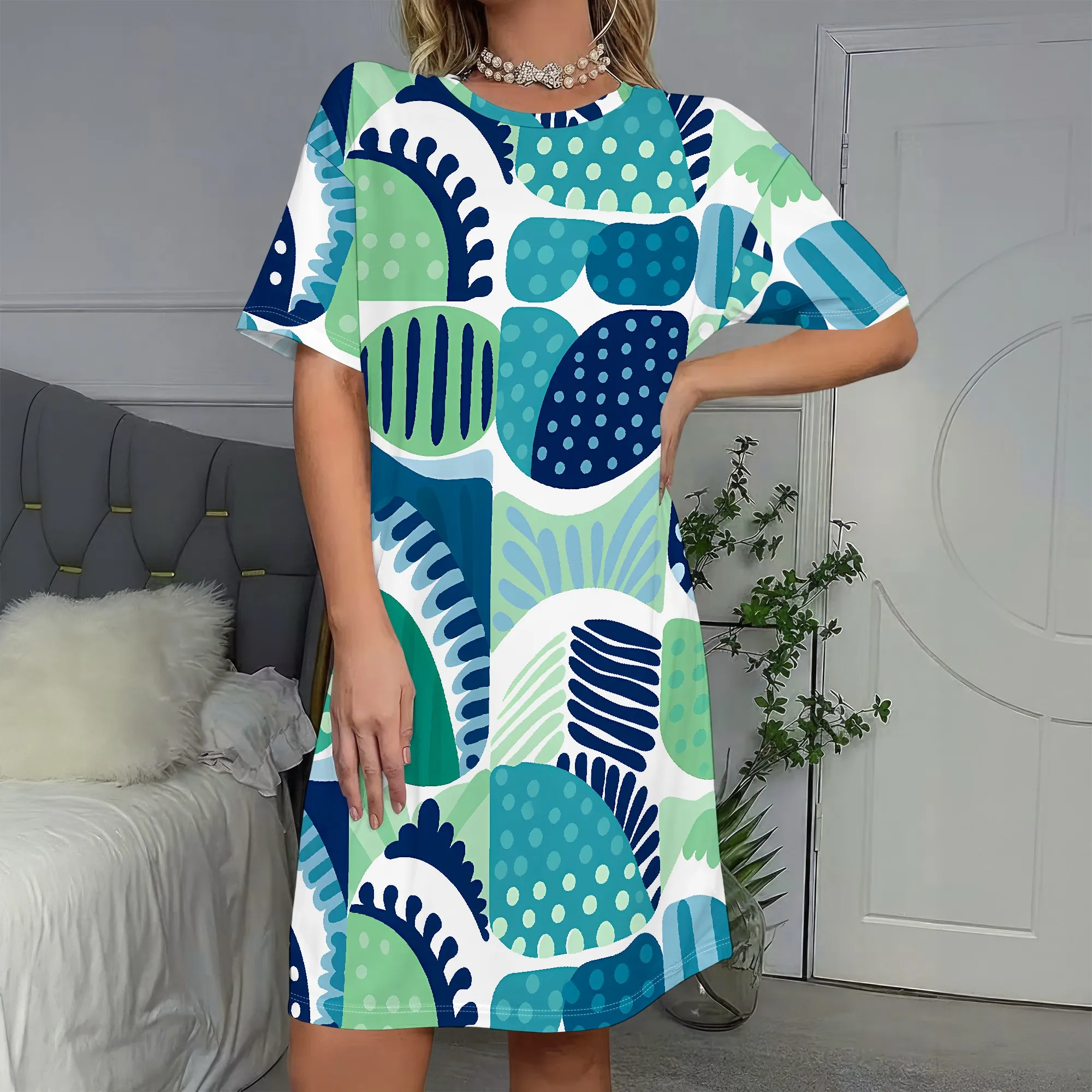

Abstract Print, Short Sleeve Dress, Boho Pattern, Loose Fit, Beach Cover Up, Casual Tunic, Summer Vacation, S-2XL