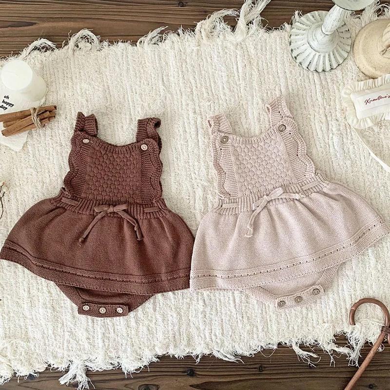 2024 New Autumn Baby Clothing Newborn Baby Girls Knitted Bodysuits Sleeveless Solid Color Infant Baby Girls Knitted Jumpsuit