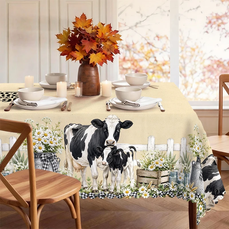 Folk Tablecloth with White Farm Cart, Cows, Folk Chickens for Indoor/Outdoor Camping decor, Rectangular/Round/Oval