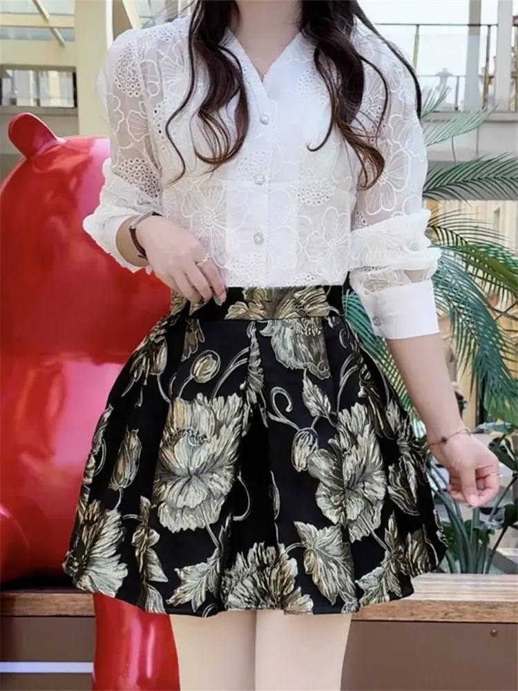 Korea New Spring Summer Vintage Flowers Jacquard Short S-line Skirt All-match High Waist Elegant Lady Ball Gown Skirts Party