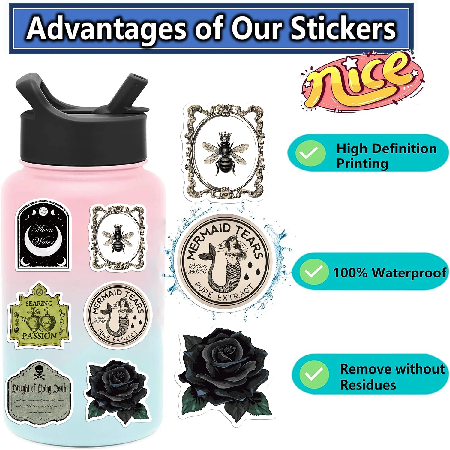 50PCS Gothic Apothecary Potions Stickers DIY Bottle Labels Decals Retro Waterproof Sticker Magician For Laptop Guitar Phone Kids