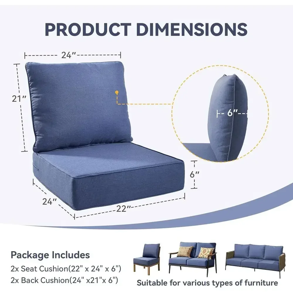 UV and Water Resistant Outdoor Cushion Set - 6 Thick Foam, 22x24 Patio Seat Covers, Blue, 2-Pack