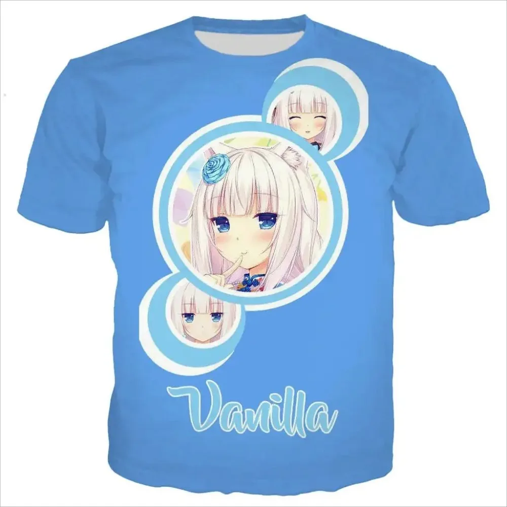 Cute Cat‑Girl Maid Anime Character Graphic Men T‑Shirt Vibrant 3D Print Short Sleeve Otaku Casual Street Tee