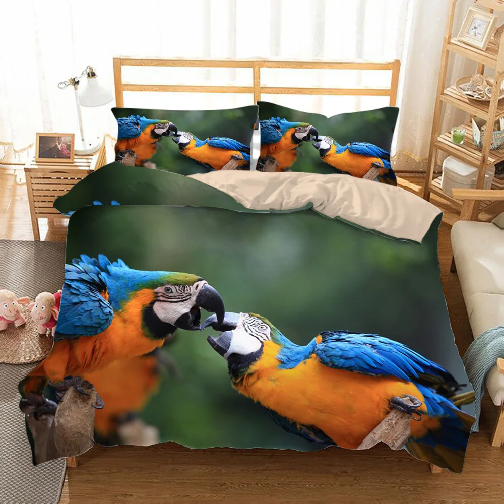 Set biancheria da letto ara King/Queen Size Copripiumino colorato pappagallo Bambini Ragazzi Copripiumino in poliestere con piante verdi tropicali