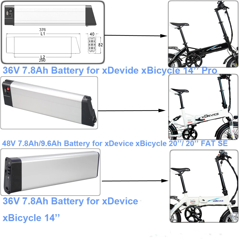 Electric Bike Battery 36V 48V 7.8Ah 9.6Ah Li-ion E-Bike Battery xDevice xBicycle 14'' Pro 20'' FAT SE