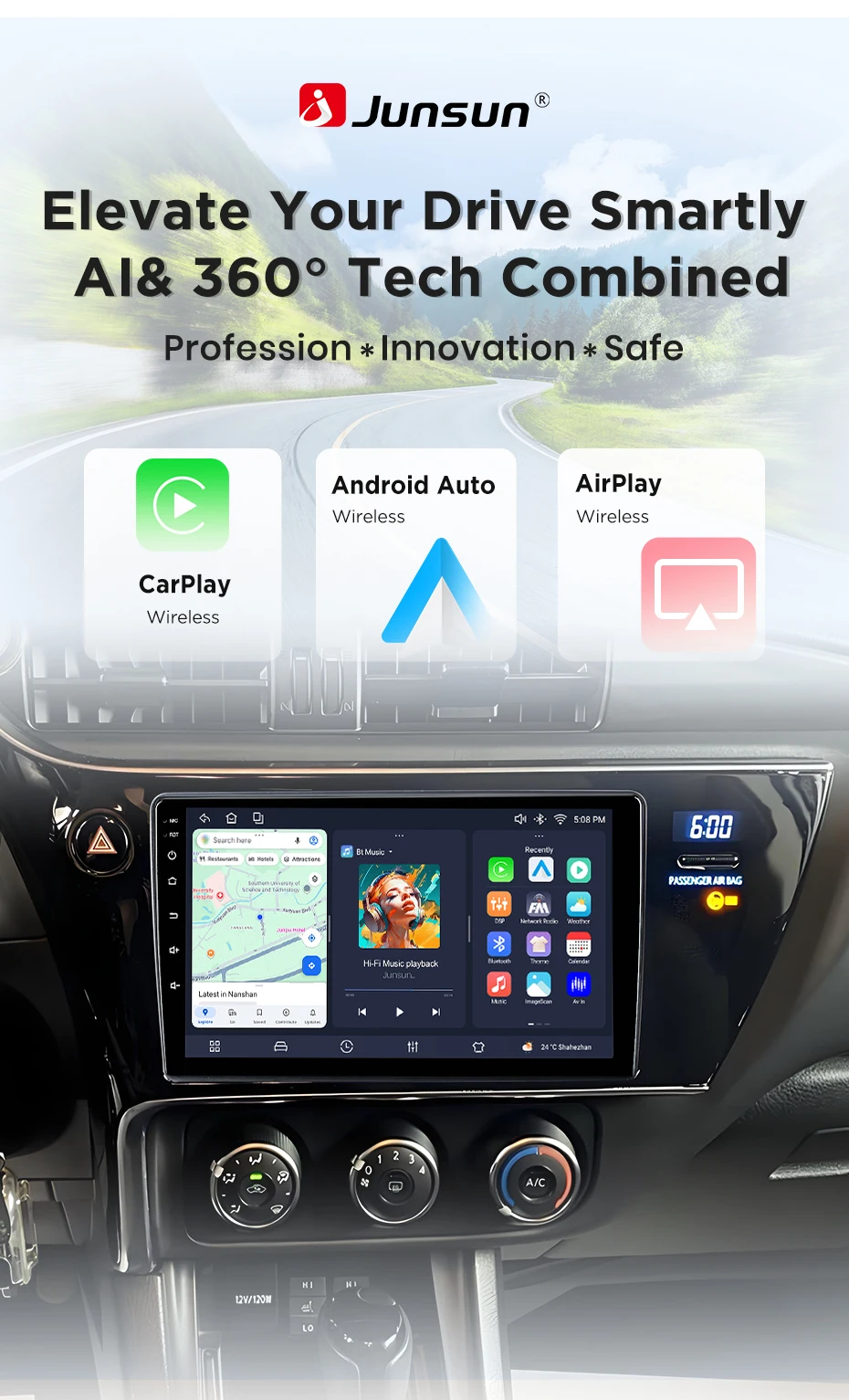 Junsun Android 15 Intelligente Autosysteme für Toyota Auris 2014-2018 Corolla Altis Hybrid E170 E180 Kabelloses CarPlay für – Detail 2