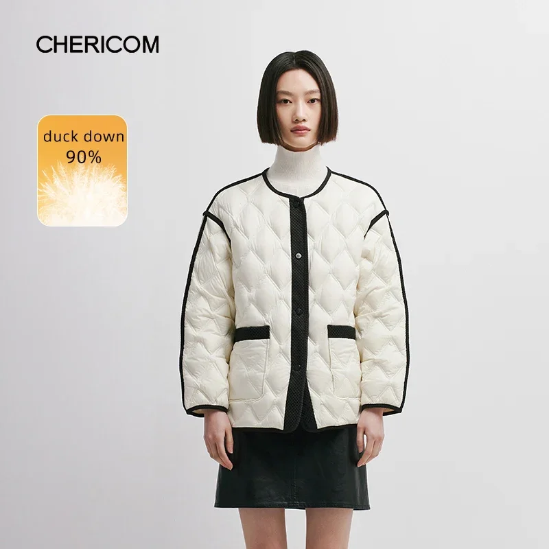 Chericom jaqueta curta feminina clássica contraste com zíper frontal calor elegante casacos leves de peito único y298006y