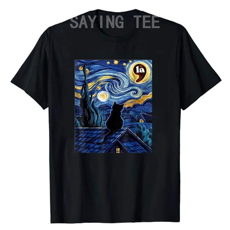 

Halloween Starry Night Black Cat Comma La Kamala Harris T-Shirt Kitty Lover Graphic Tops Harris Support Fans Campaign Saying Tee