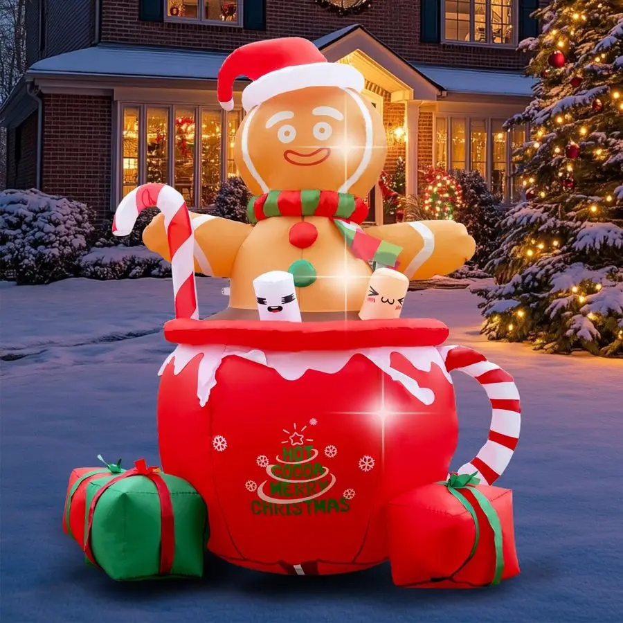 

6ft Gingerbread Christmas Inflatable Outdoor Decoration, Christmas Outdoor Decoration Blow up Gingerbread Mug Yard Decorations C