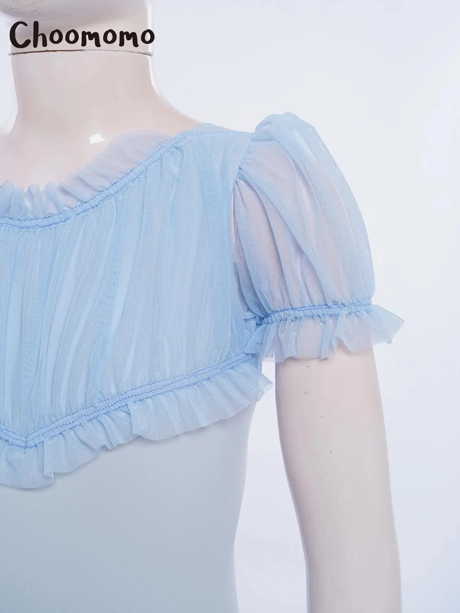 

Girls Ballet Leotard Short Puff Sleeves Cutout Back Ruche Sheer Mesh Ballerina Dance Bodysuit Gymnastics Workout Training Wear