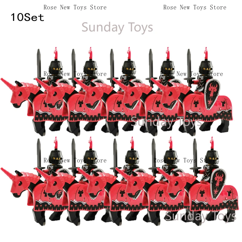 

10 Sets Medieval Castle Knight Royal King's Red Dragon Black Warrior Soldier Rider with Horse Building Blocks Toys for Children