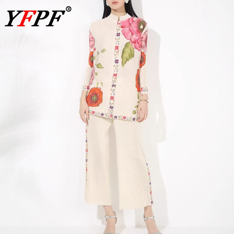 

YFPF Floral Printing 2 Piece Set Women Miyake Pleated Fashion Stand Collar Blouse + Long Pants Casual 2025 New Clothing 3A360