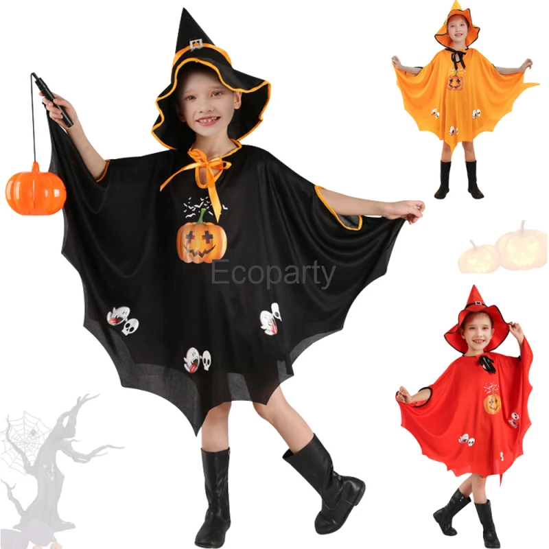 Children Halloween Cloak With Pumpkin Skull Ghost Cape Girls Boys Witch Cosplay Costume Trick Or Treat Festival Party Dress Up