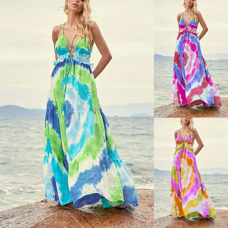 FD846 2024 Spring/Summer Tie Dye Gradient Diagonal Stripe Horizontal Pattern Printed Hanging Strap Dress