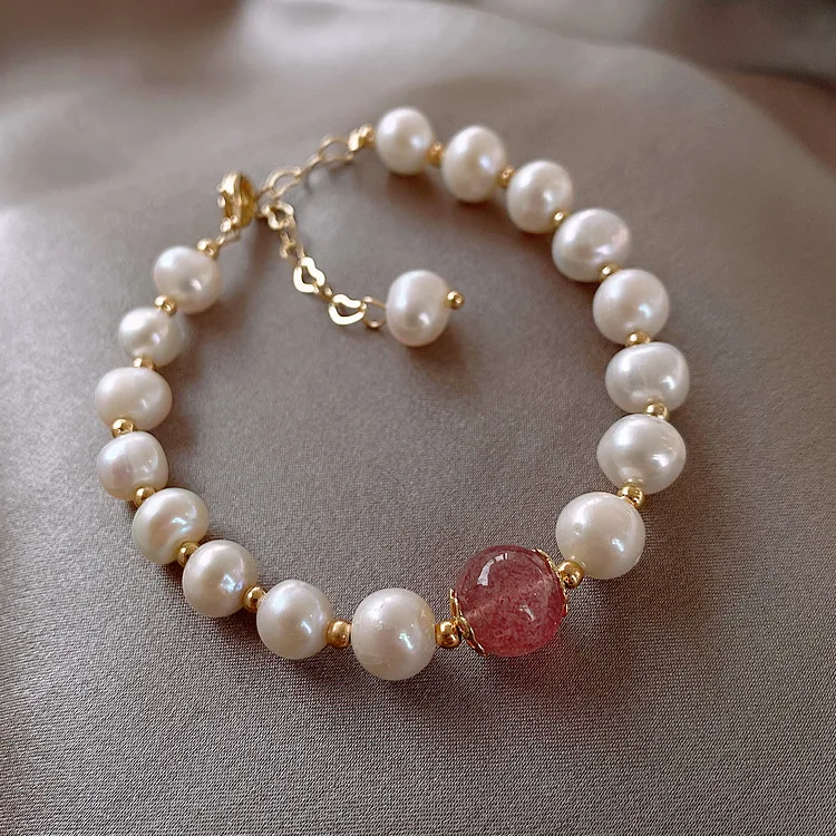 High Quality 100% Baroque Freshwater Pearl & Strawberry Quartz Female Bracelets Jewelry For Women Valentine\'s Day Gifts No Fade
