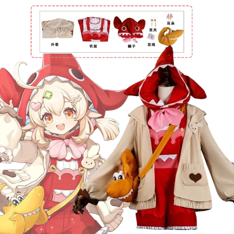 

Game Klee Costume Genshin Impact Cosplay Red Shark Clothes with Wig Hat Coat Bag Full Set for Women Theme Party