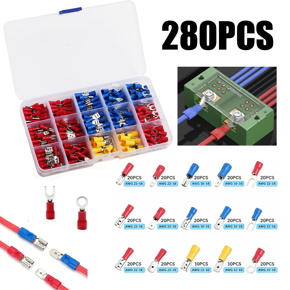 Assorted Female and Male Crimp Spade Terminal Wire Connector Set with Box Electrician Insulated Clamp Wire Connector Decoration