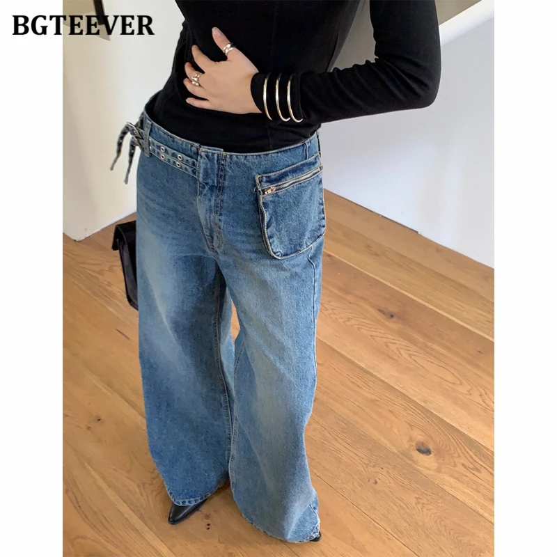 BGTEEVER Korean-style Side Bag Denim Jeans for Women High Waist Loose Wide Leg Denim Trousers Female