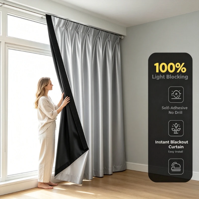 1pc Self-Adhesive No-Drill Curtains with Hook and Loop, 100% Blackout Drapes for Living Room Bedroom Balcony, Easy to Remove