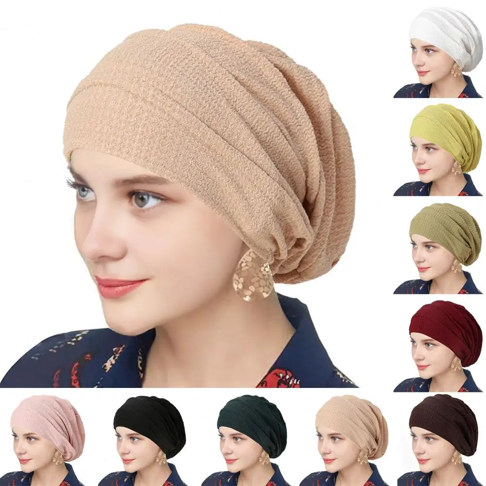 Durable Women Hat Women’s Solid Color Turban Hat Lightweight Breathable Pile Design Headwear Elastic Outdoor Street Style Wear