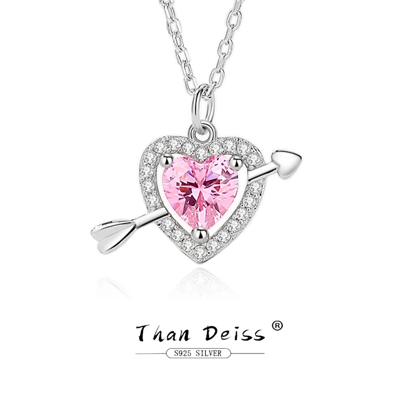 

Silver 925 LOVE Necklace Women Cupid's Arrow Fairy Design Light Luxury Pink Zircon Diamond Charm Heart Shaped Pendent 45cm Chain