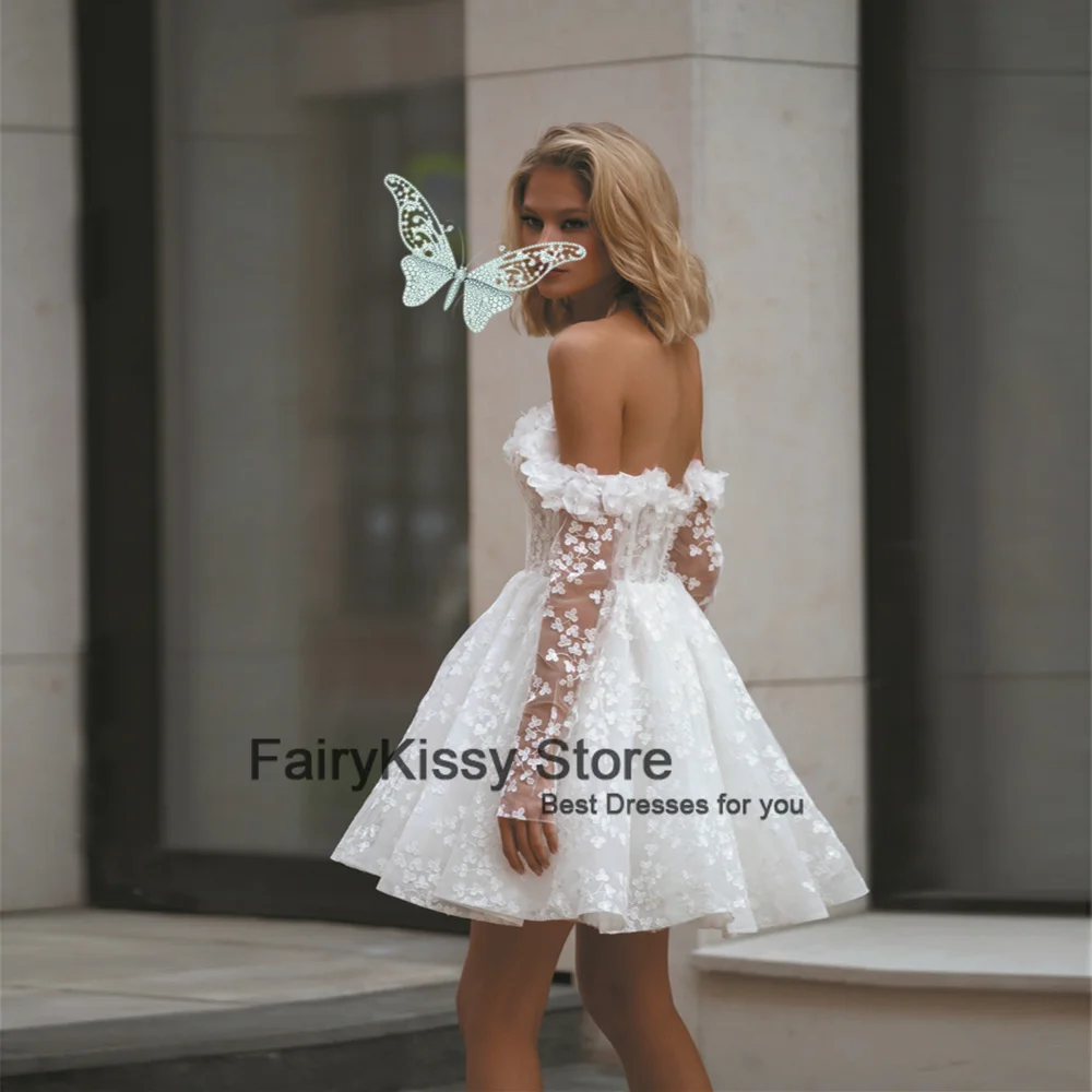 フェアリーキッシー レース アイボリー ウェディングドレス オフショルダー 長袖 ショート ブライダルドレス Aライン ボタン ミニドレス 女性用 2025 ローブ