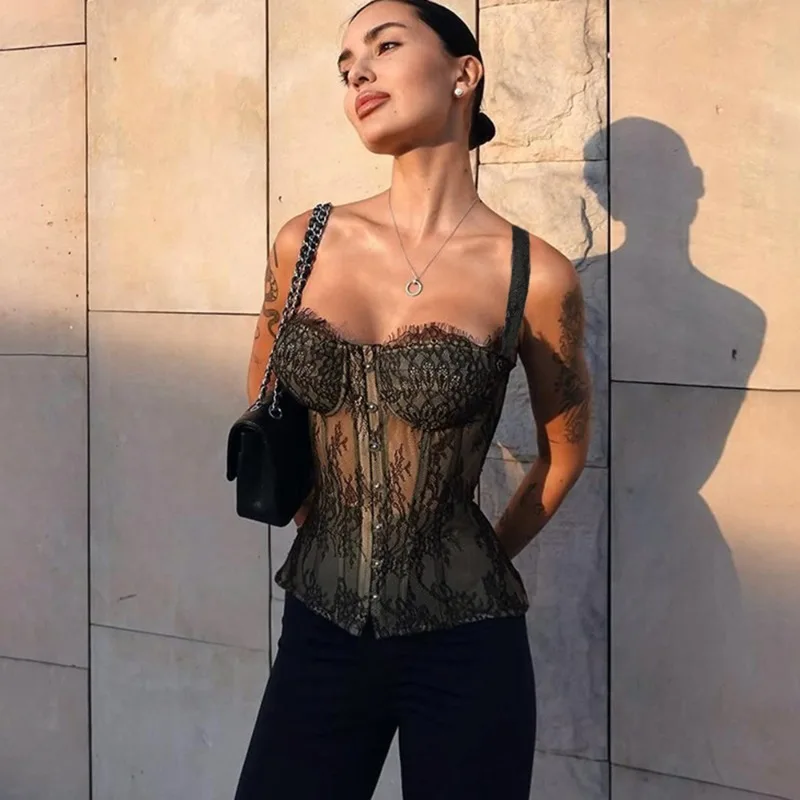 BWQ Women's Lace Camisole Fashion Tight Corset Tube Tanks New High Street Party Outfits Vintage Y2k Holiday Women's Tops