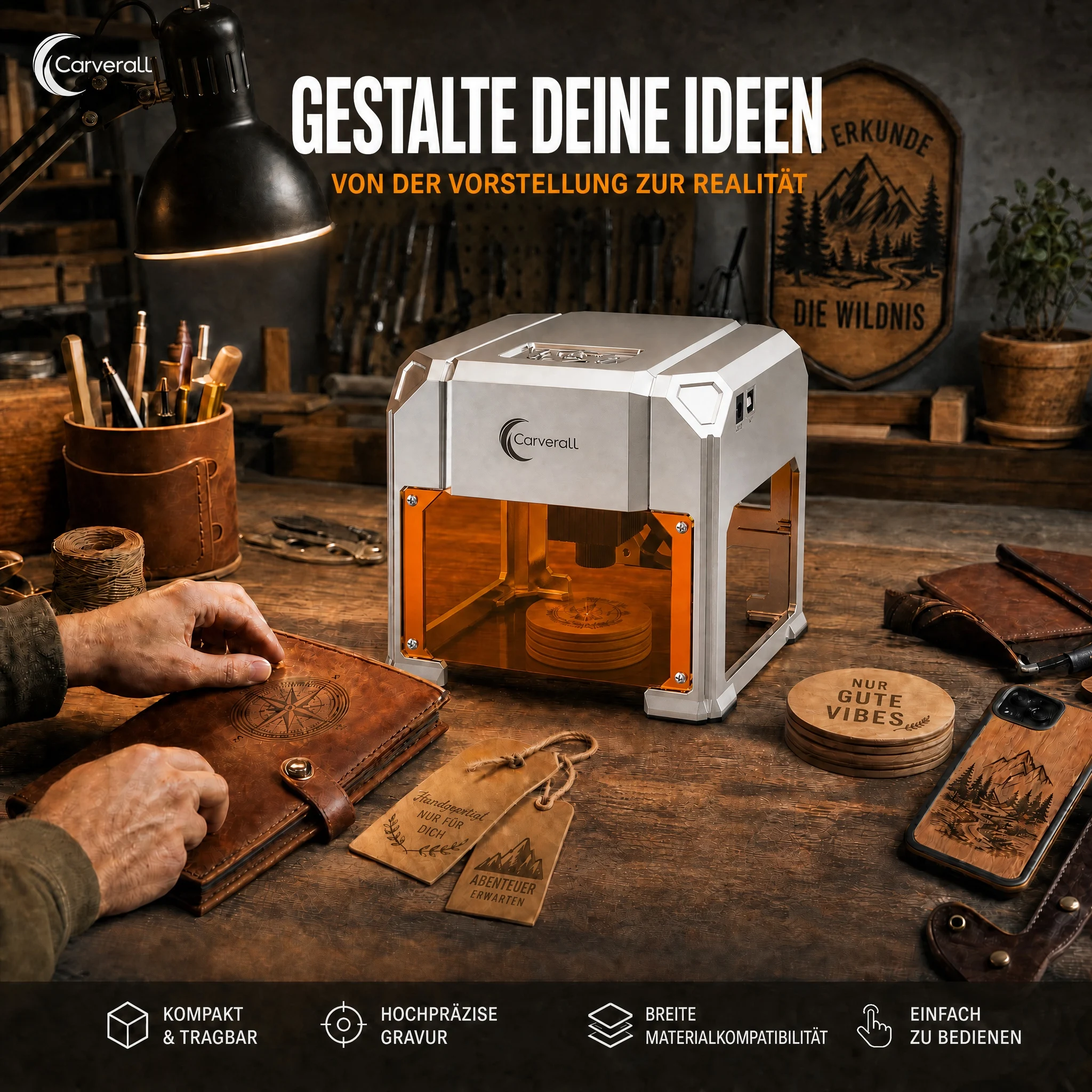 Carverall K4 3W Lasergravierer, Tragbare Mini-Graviermaschine mit WiFi-App-Steuerung und USB, 80 x 80 mm, Bis zu 0,01 mm Präzision, für Holz, Bambus, Leder, Papier, Karton, DIY-Geschenke, Einsteigerfreundlich – Detail 18