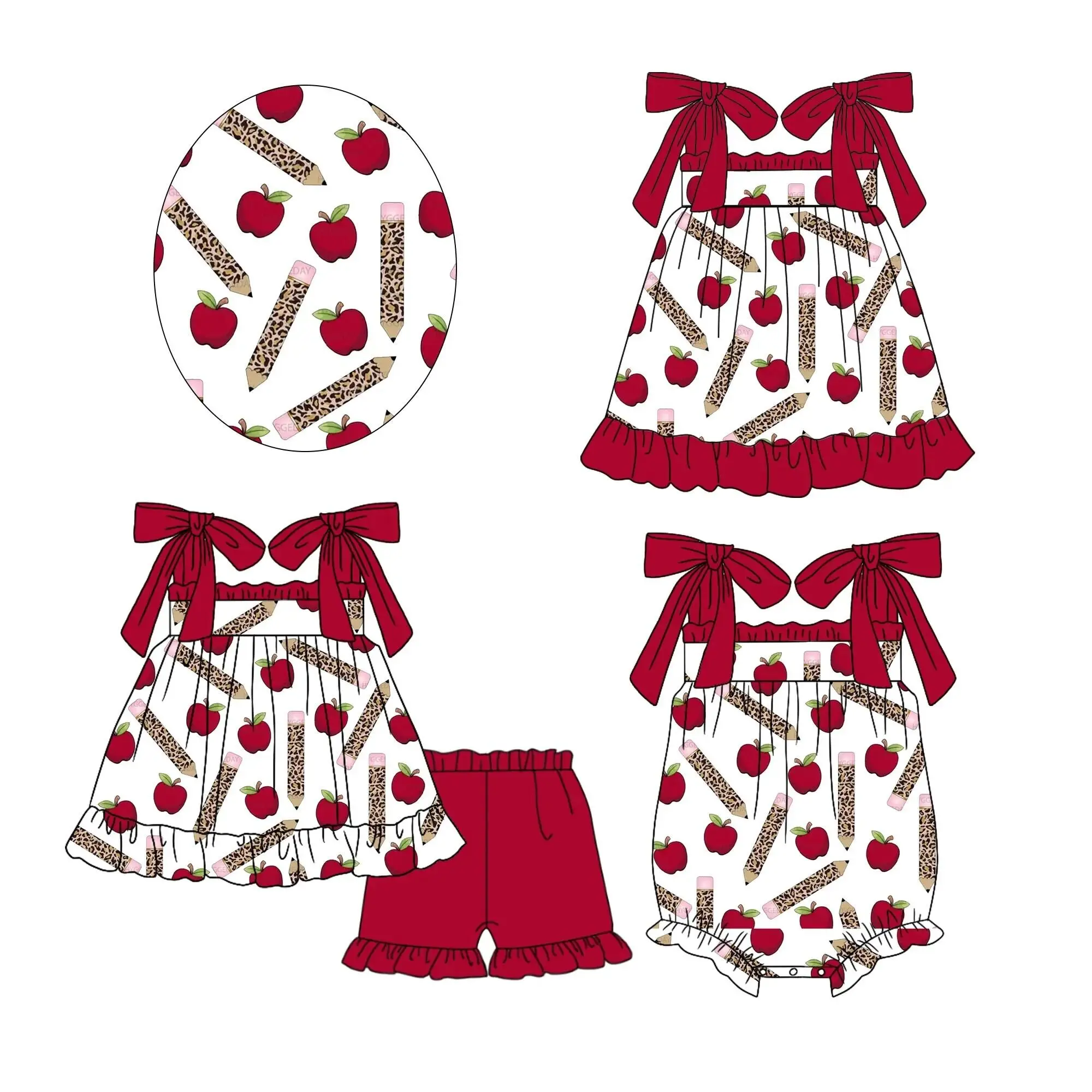 Summer Girls Series Boutique Kids Back to School Suspenders Bow Pencil Apple Print Shorts Lace Girls Outfits Baby romper Dress