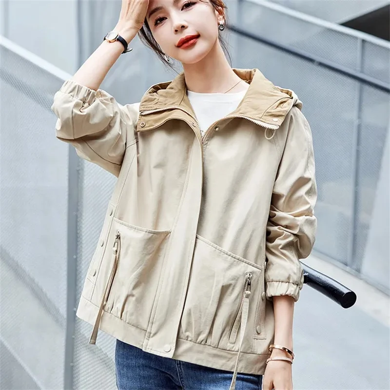 

Safari Style Loose Short Jacket Students 2023 Spring Autumn Hooded Coat Women Solid Pocket Outerwear Casual Tops Lady Jackets