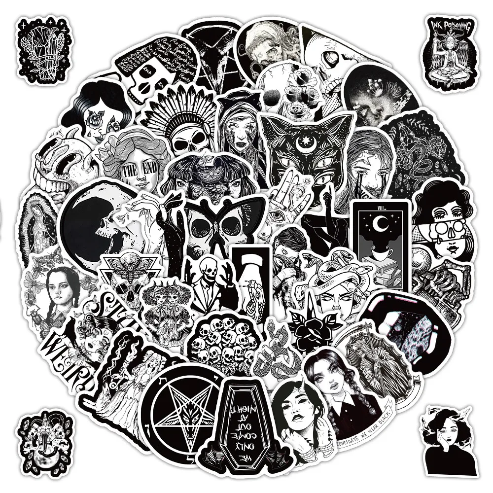 52Pcs Monochrome Gothic Punk Style Waterproof Decals for Notebook Skateboard Papery Pop Store
