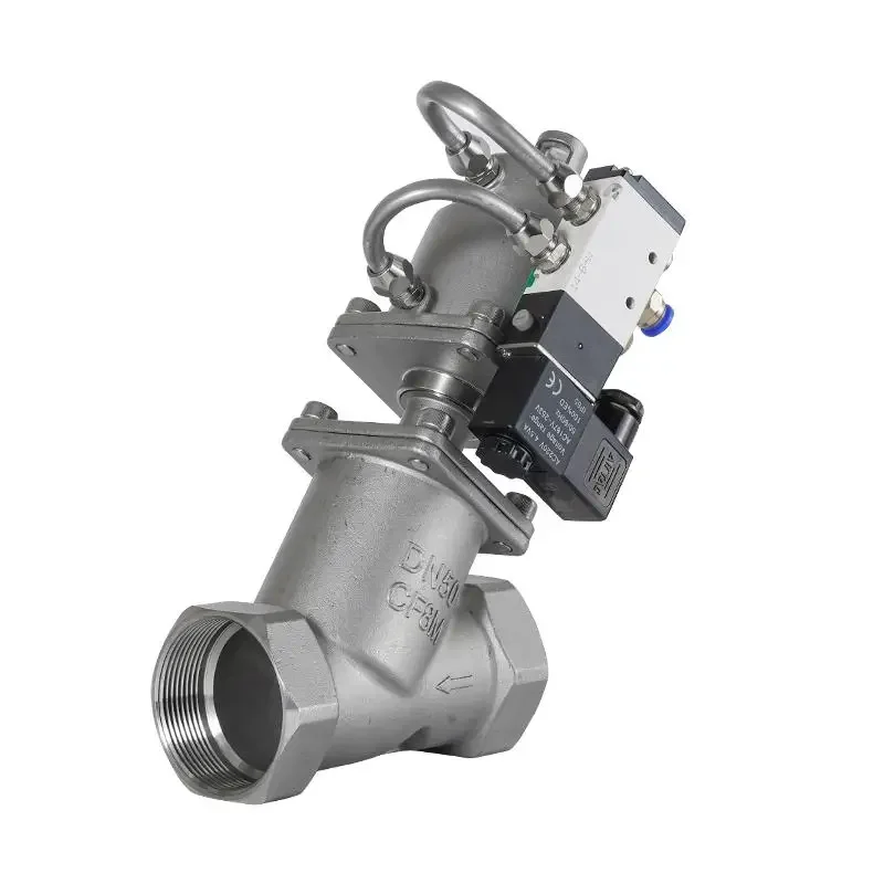 304 high temperature steam Y type pneumatic thread angle seat valve with AC220VDC24V solenoid