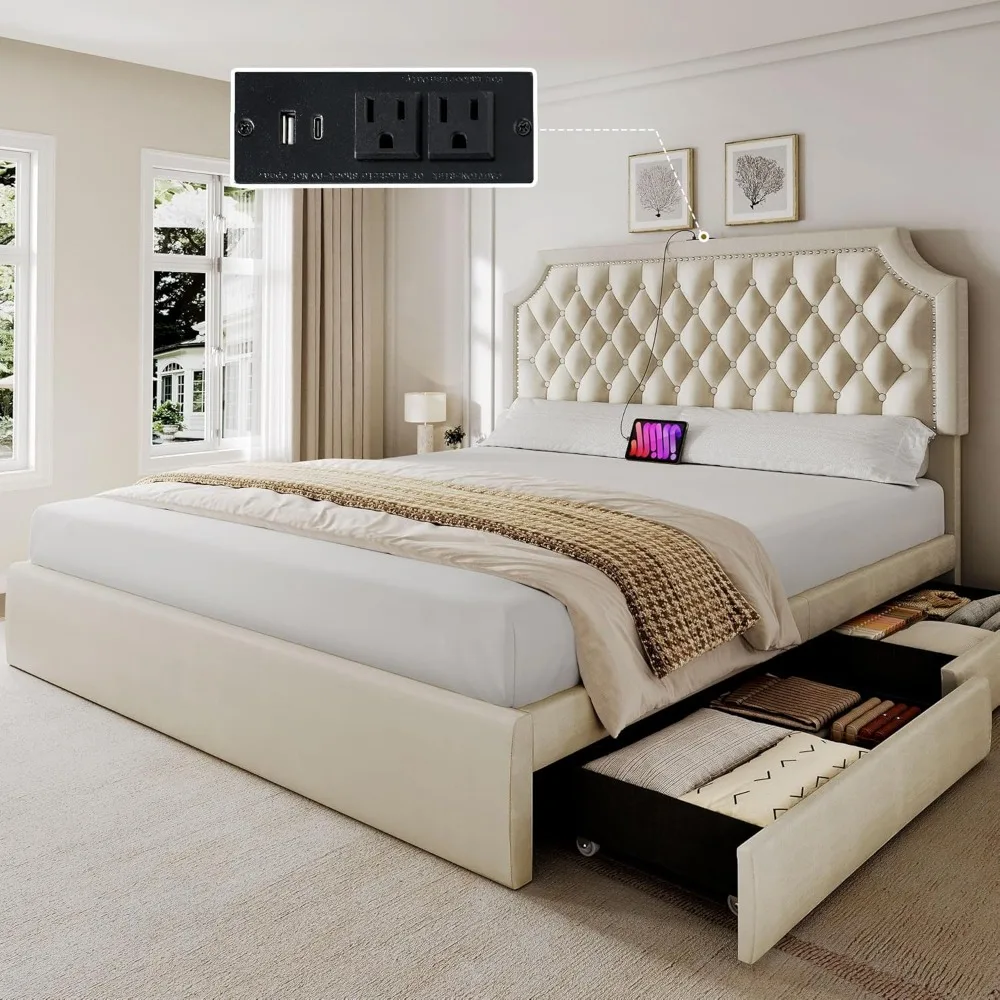 YITAHOME Full Size Bed Frame with Adjustable Headboard, 4 Storage Drawers and Charging Station, Velvet Upholstered Bed Frame wit