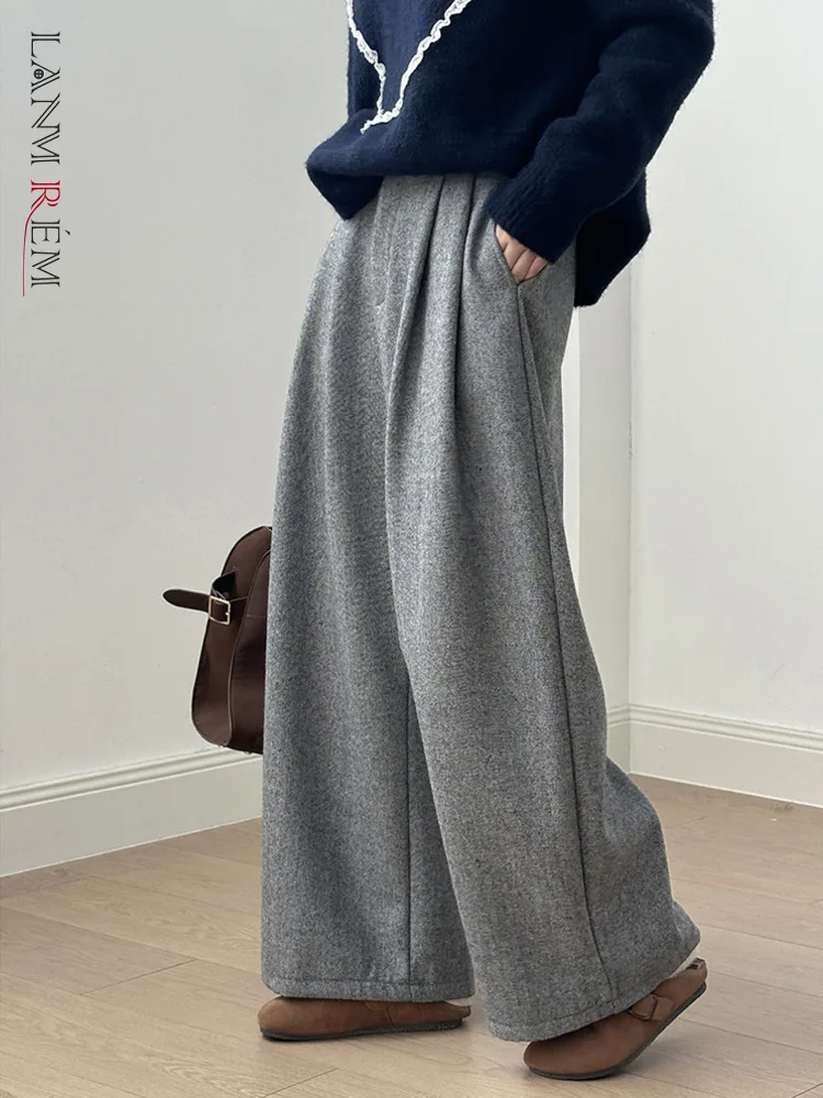 [LANMREM] Office Lady Pants Minimalism Clothes For Women High Waist Wool Warm Female Trousers Fashion 2025 Spring New 26C1707