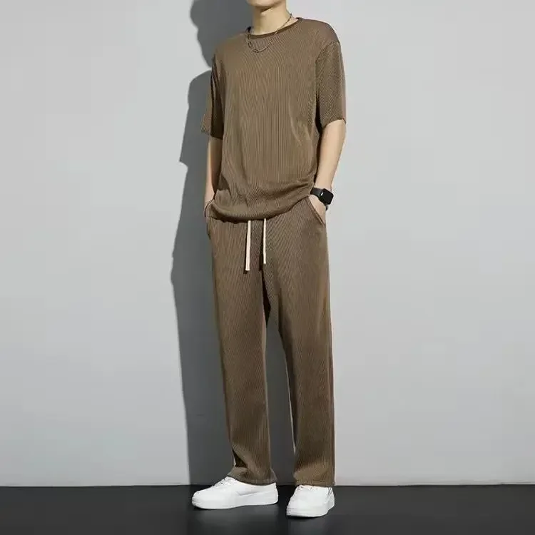 Men's Wrinkled Ice Silk Sports Set 2026 Summer New Short sleeved Long Pants Two piece Set Fashionable Breathable and Cool 