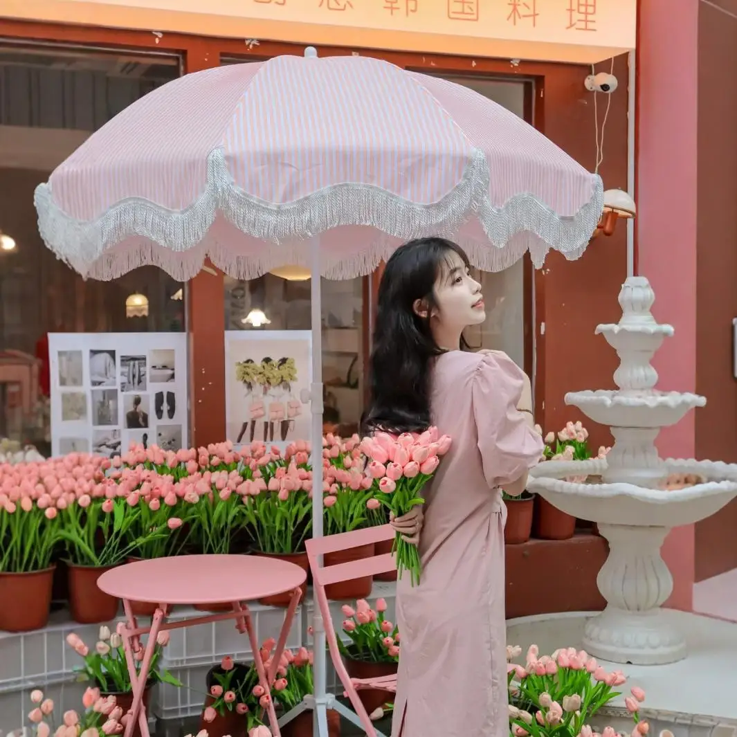 Pink Stripe Fringe Patio Parasol Outdoor Garden Sun Shade Umbrella For Cafe Backyard Beach Decor