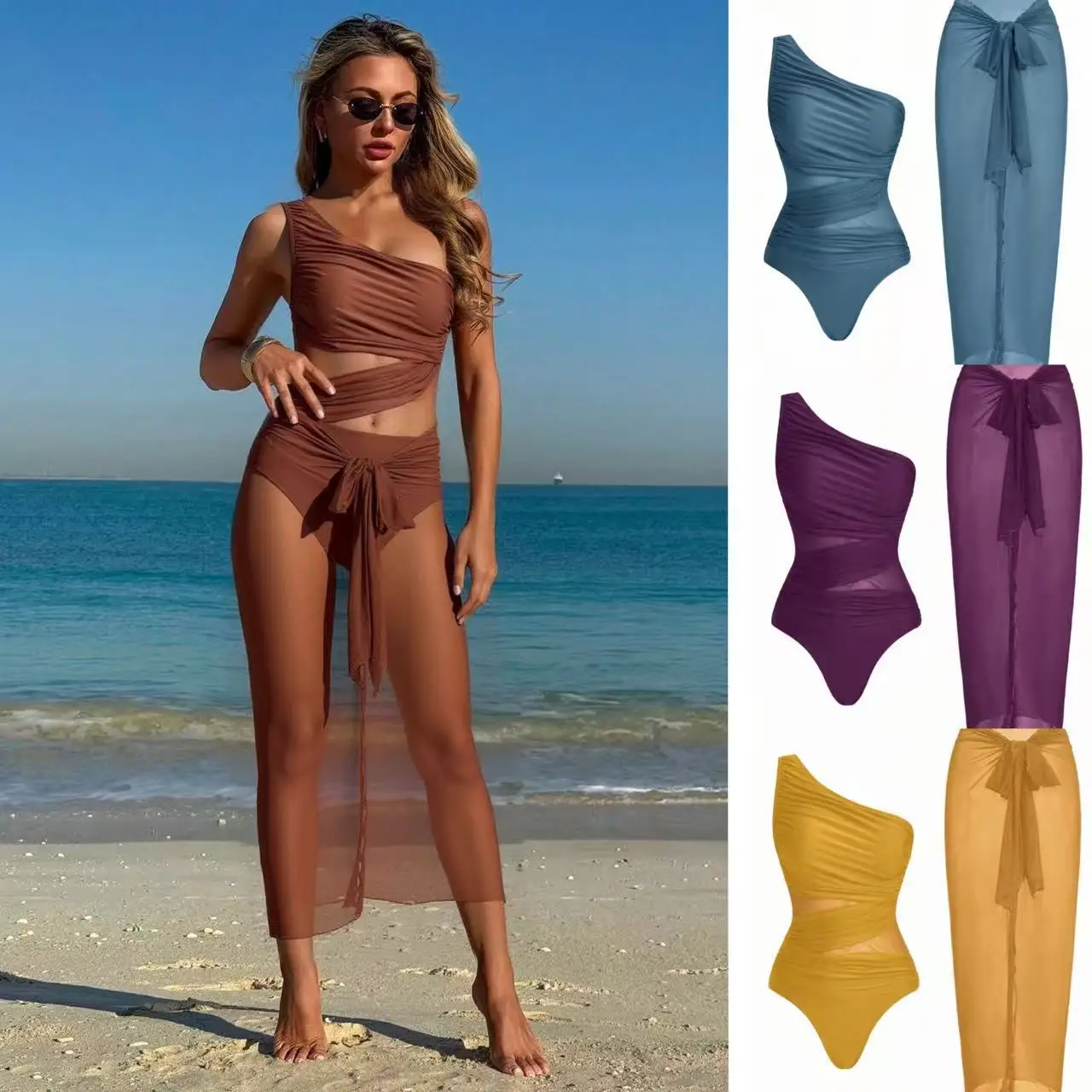 

2026 Women's One-Piece Swimsuit with Mesh Cover up Slimming Design Beach Vacation Swimwear Polyester Fabric with Chest Pad