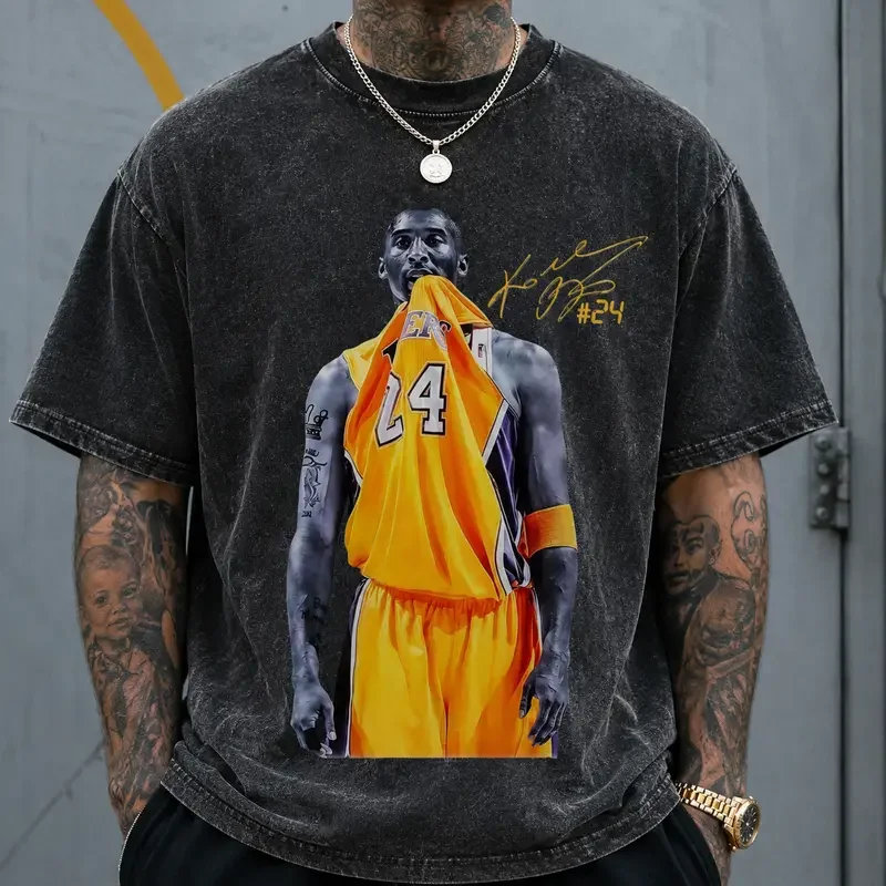 Washed Vintage Unisex Round Neck Graphic Kobe Bite Character Stretch Cotton T-Shirt - Oversized Menswear Signature Pattern Short-Sleeve Casual Summer Street Top, Soft Fabric Basketball Themed Gift