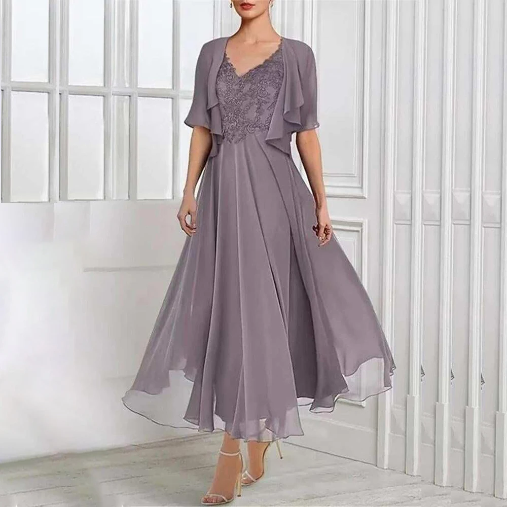 

VICTORIA 2 Piece Tea Length Mother of The Bride Dresses with Jacket Customized A Line Formal Wedding Guest Party Dresses Pockets