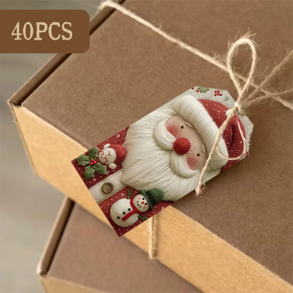 40pcs, Gift Tags, Knitted Cute Christmas Style, Hanging Paper Labels for Gift Wrapping, Holiday Party Decor with String