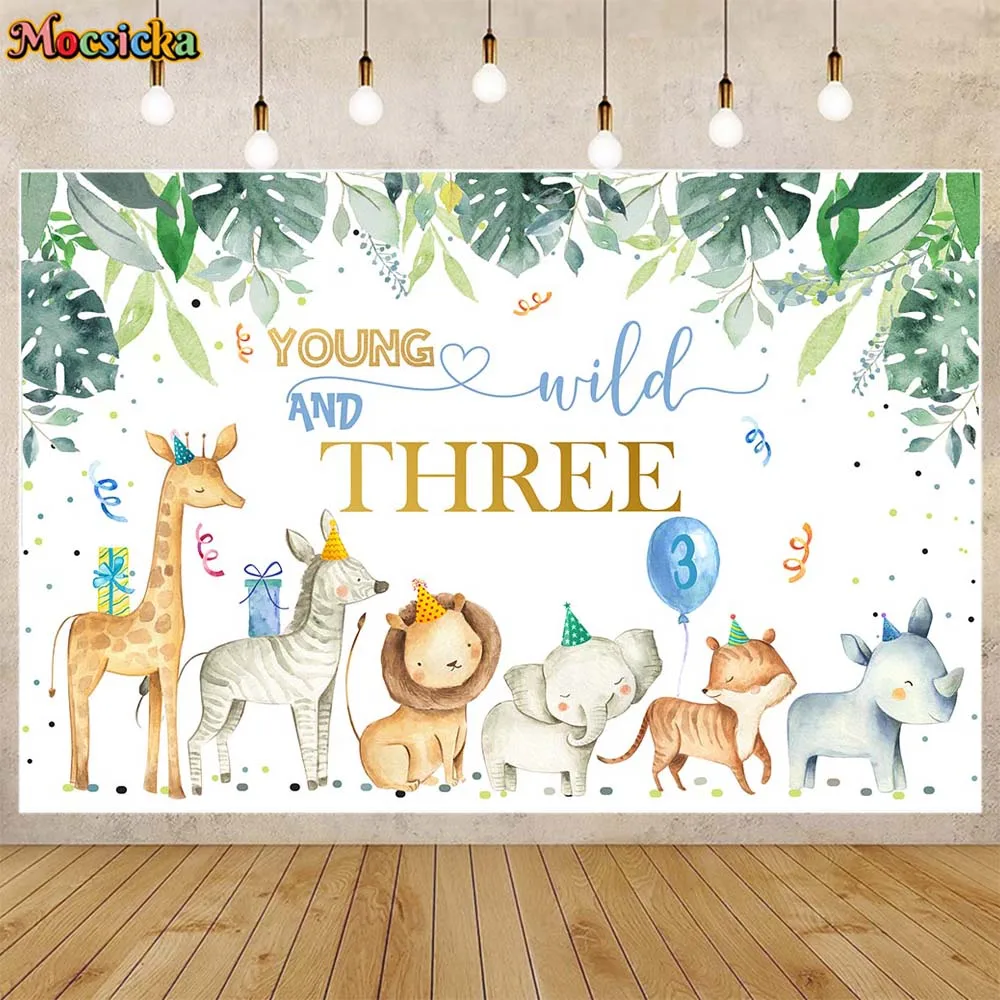 

Mocsicka Baby 3rd Birthday Party Photography Backdrop Young and Wild Three Kid Safari Forest Photo Background Photo Studio Props