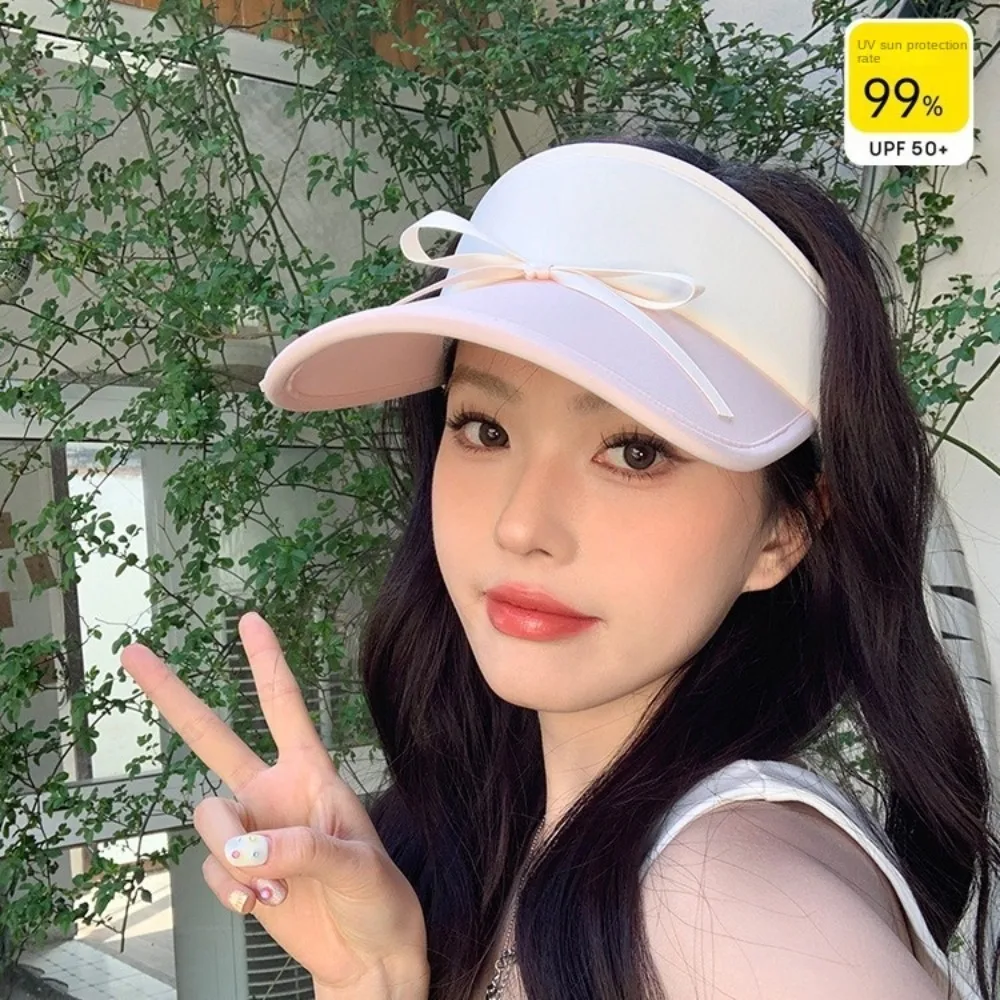 Simple Ribbon Bow Sun Hat Anti-UV Korean Style Empty Top Cap Peaked Hat Sunscreen Bowknot Visor Cap Women