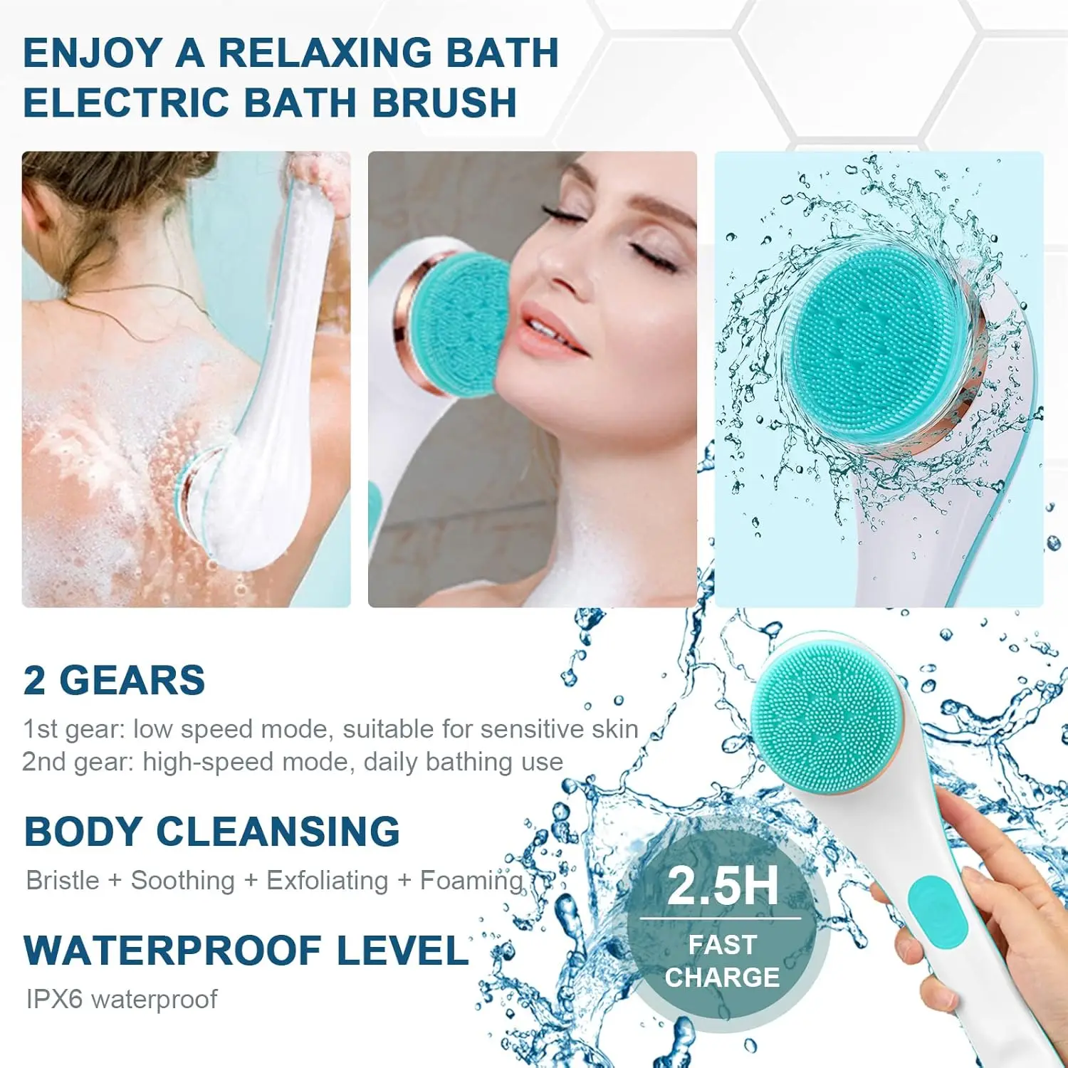 Electric Body Brush Back Scrubber for Shower Waterproof Rechargeable Exfoliating Brush for Arm Leg Deep Cleansing Massage Skin