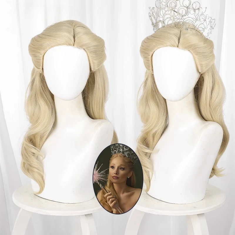 Movie Wicked Glinda Cosplay Wig Women Long Curly Blond Synthetic Heat Resistant Hair Halloween Props Party Carnival Accessories