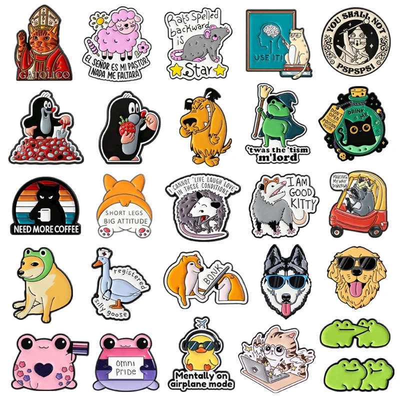 Cute Animal Series Enamel Pins Catholic Cat Dogs Sheep Wizard Frog Mental Health Brooches Lapel Badge Jewelry Gifts for Friends