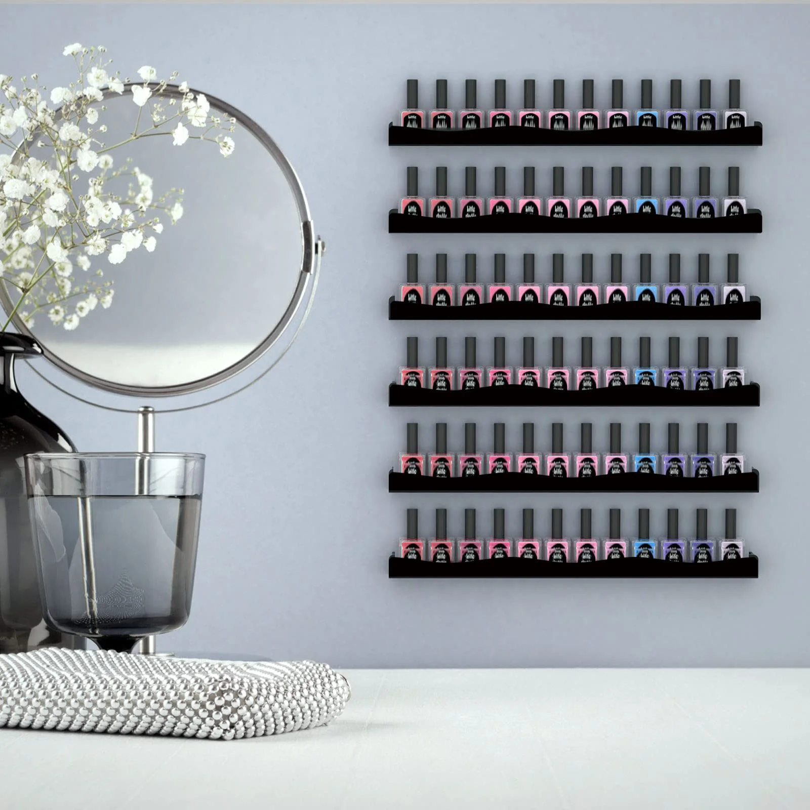 Nail Polish Wall Rack: 4 Shelves 15 Inch Black Acrylic Nail Polish Organizer for 48-66 Bottles Multi-Purpose Acrylic Shelf.