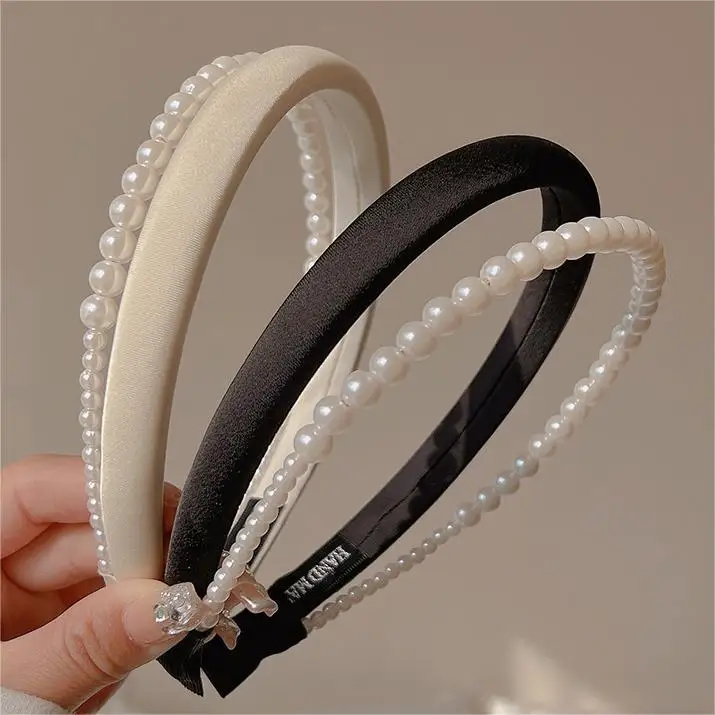 Korean Version Trend Fabric Imitation Pearl Double Layer Hair Hoop Campus Daily Simple Headband Women's Elegant Hair Accessories