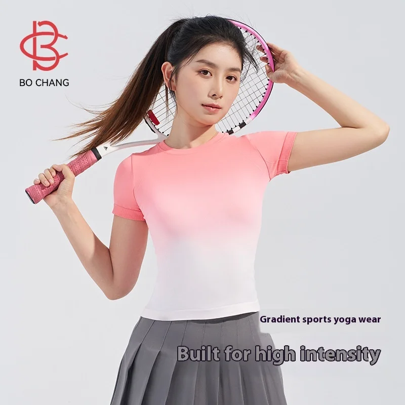 

Summer New Gradient Color Breathable Yoga Clothing Women Casual Quick Dry Sportswear Outdoor Fitness Sports Breathable T-shirt