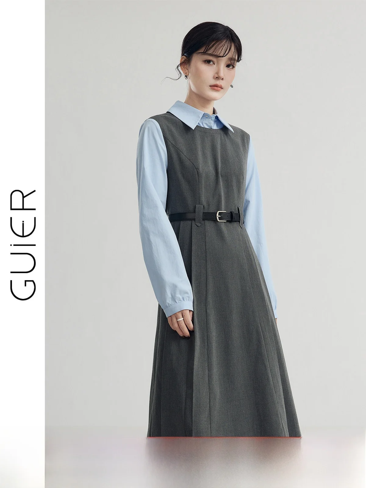 

Guier Women's Autumn Spring 2025 New Sle College Aosphere Slimming Waist Cinched Fake Two-Piece Dr Collar Zipper