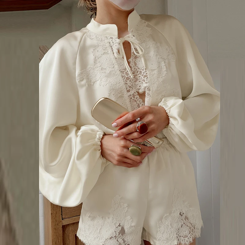 Elegant Satin Lace Patchwork Home Suit Casual Semi High Neck Tied Loose Outfit Simple Solid Long Sleeved Cardigan+Shorts 2pc Set